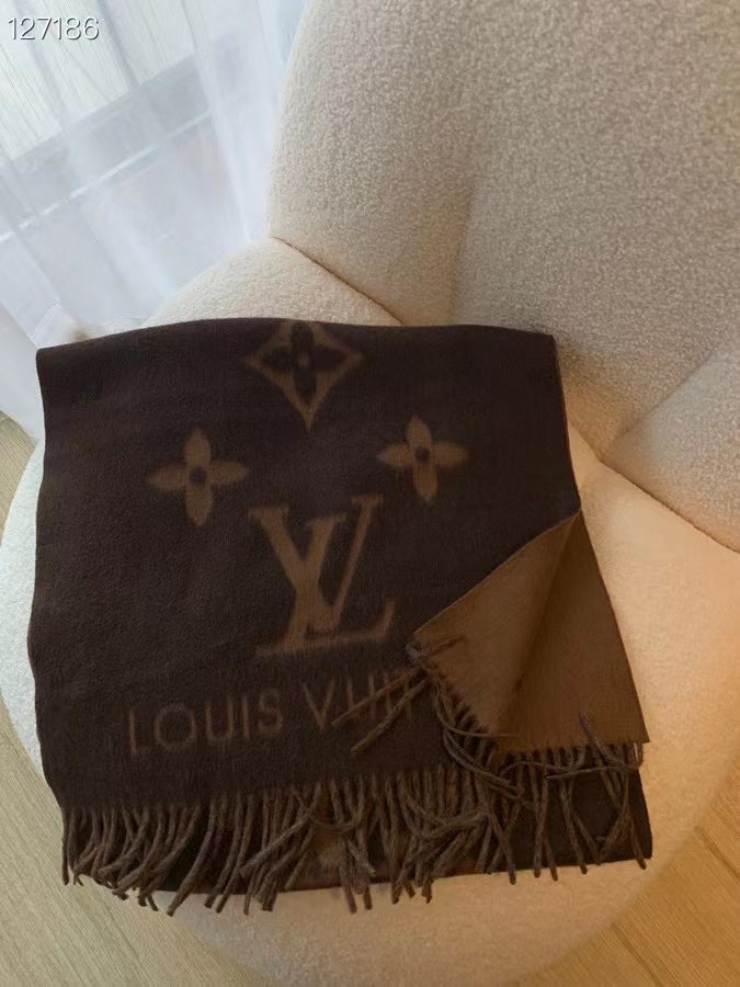 Chocolate-colored monogram large shawl is here,