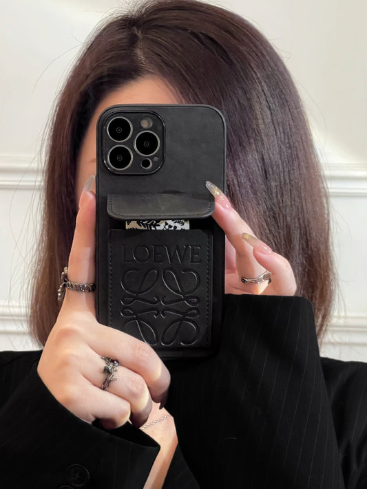 Capa luxuosa para iPhone com porta-cartões preta-LZP241448