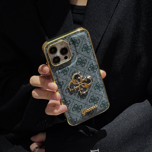 Capa de couro com logotipo dourado Gue para iPhone
