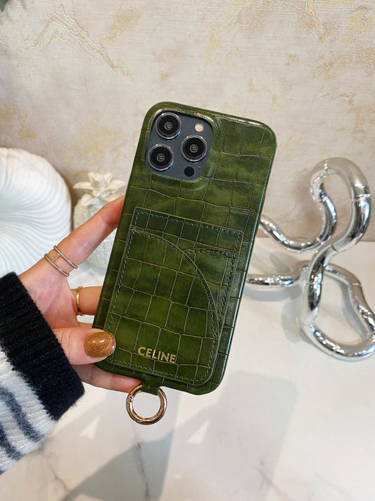 Capa para iPhone Celine com estampa de jacaré com porta-cartão e alça verde -EYP241415