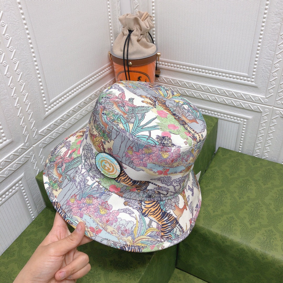 Klassisk blomstret Tiger Bomuld Bucket Hat | Luksus designer botanisk bøttehat