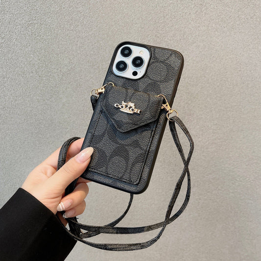 Capa clássica para iPhone com porta-cartões e alça preta clara -SJ240513