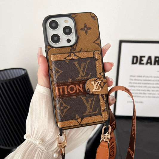 Bolsa de cartão luxuosa com corrente clássica marrom para iPhone
