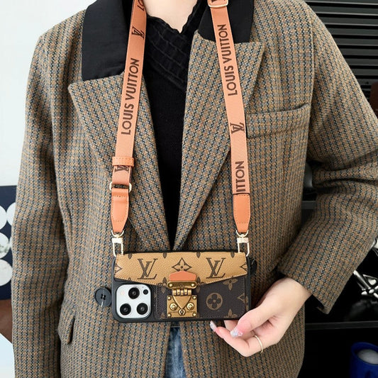 Capa luxuosa para iPhone com corrente porta-cartões