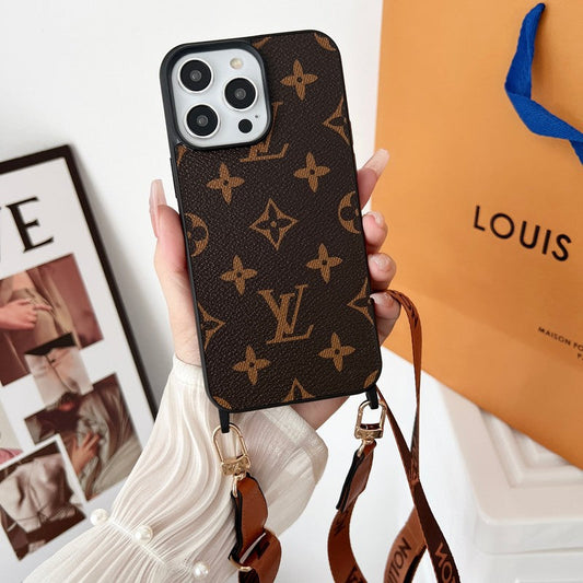 Capa luxuosa marrom crossbody para iPhone