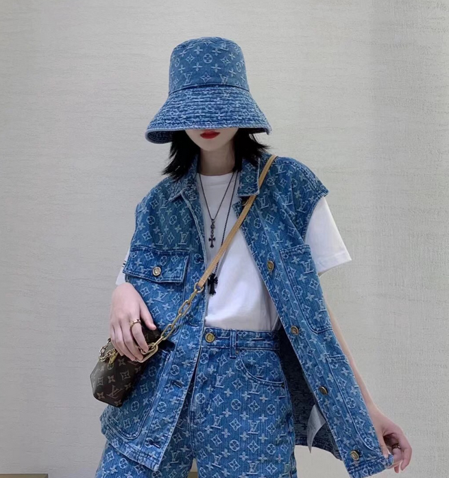 Luksus Monogram Denim Solhat med bred skygge | Luksus designer UV beskyttelseshat