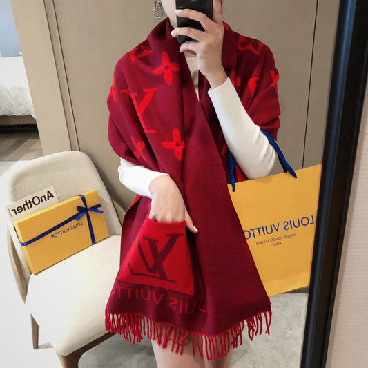 New Brand Pocket Scarf, Double-sided Jacquard Scarf with Long Fringes