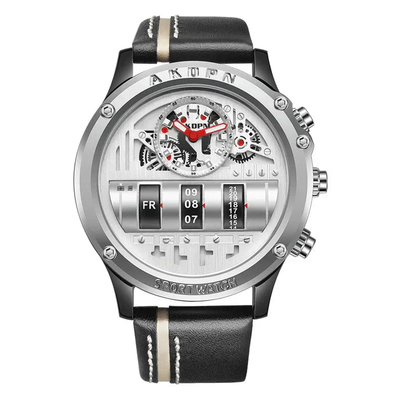 Stylish Quartz Men's Watch with Unique Rotating Date and Leather Strap - Military-Inspired Casual Timepiece