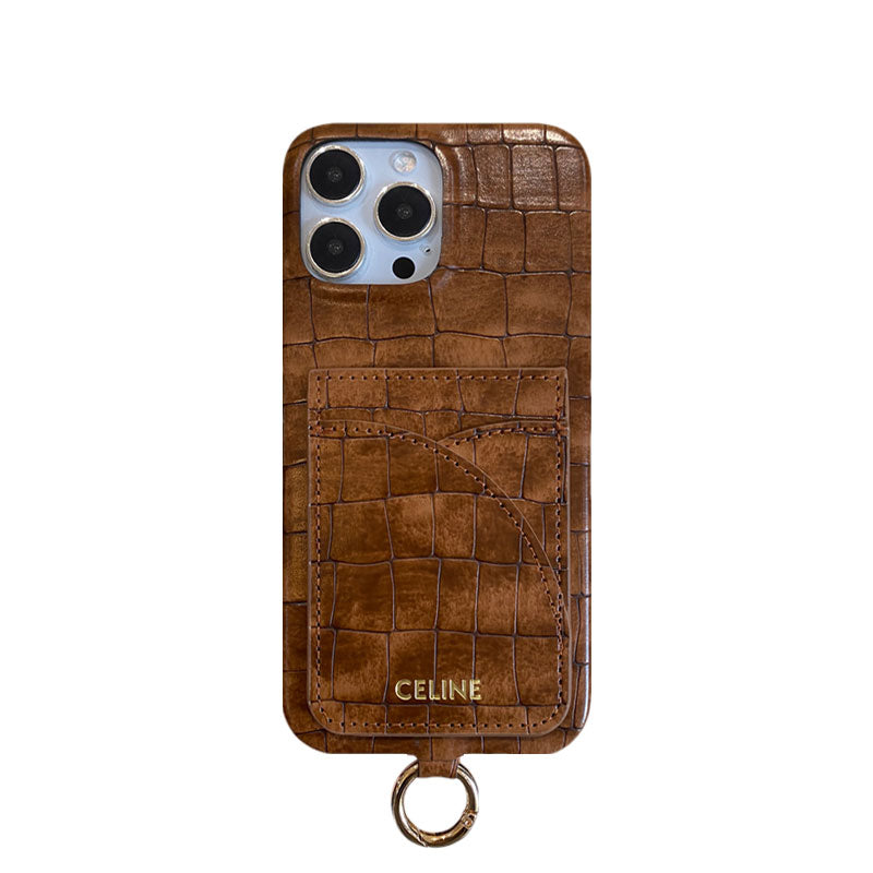 Alligator Print Celine iPhone Case With Card Holder And Strap Brown -EYP241415