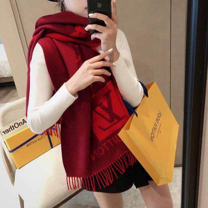 New Brand Pocket Scarf, Double-sided Jacquard Scarf with Long Fringes