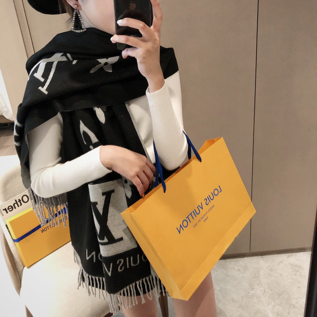 New L-brand pocket scarf, double-sided jacquard with long tassels