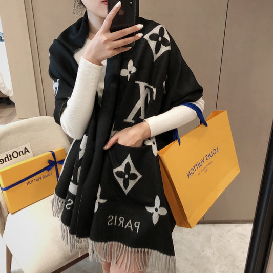 New L-brand pocket scarf, double-sided jacquard with long tassels