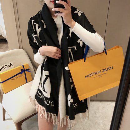 New L-brand pocket scarf, double-sided jacquard with long tassels
