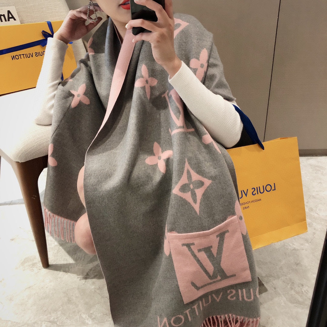 New Brand Pocket Scarf, Double-sided Jacquard Scarf with Long Fringes