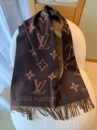 Chocolate-colored monogram large shawl is here,
