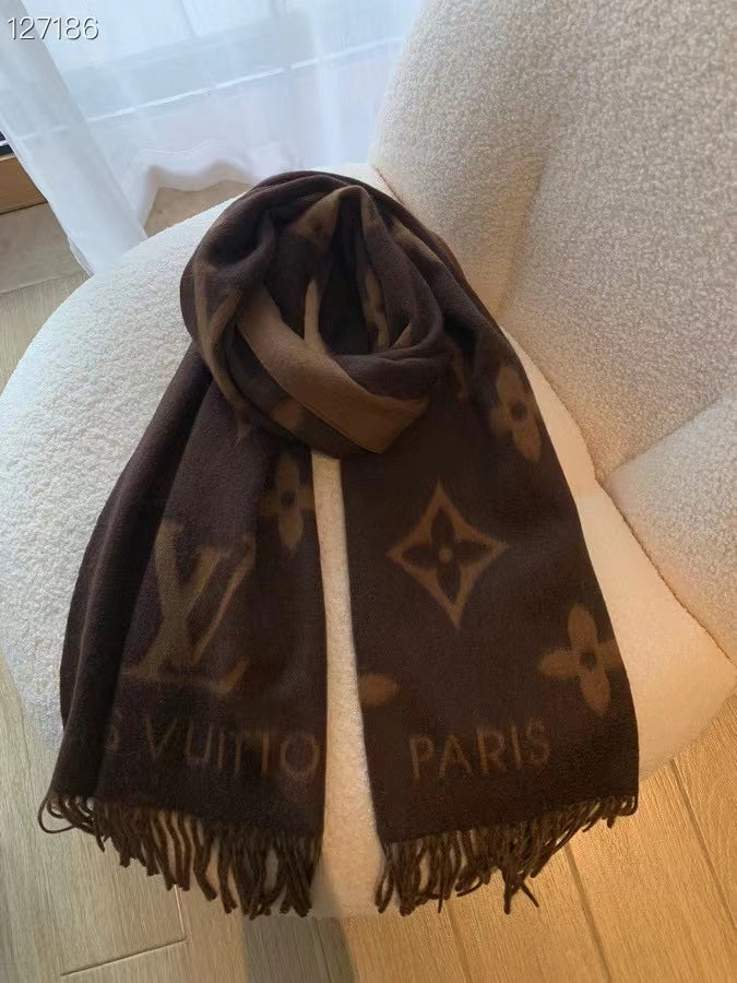 Chocolate-colored monogram large shawl is here,