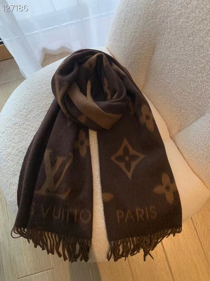 Chocolate-colored monogram large shawl is here,