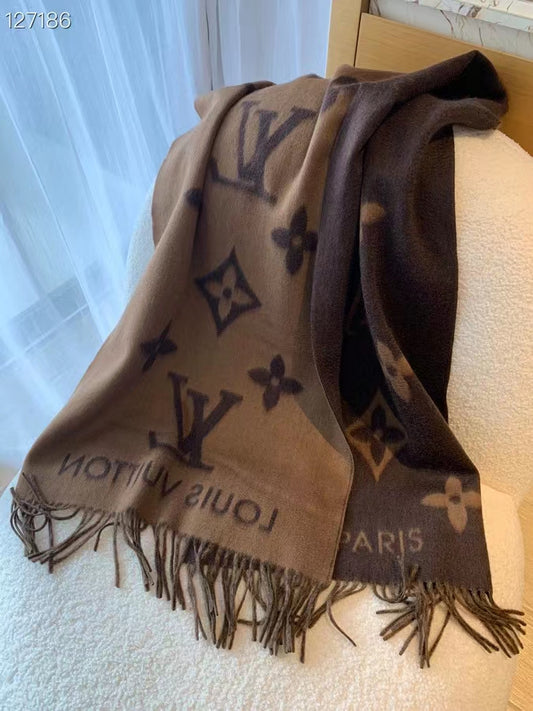 Chocolate-colored monogram large shawl is here,