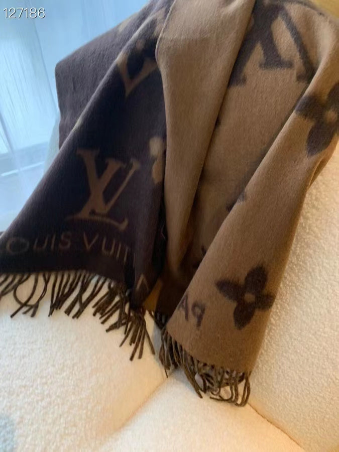 Chocolate-colored monogram large shawl is here,