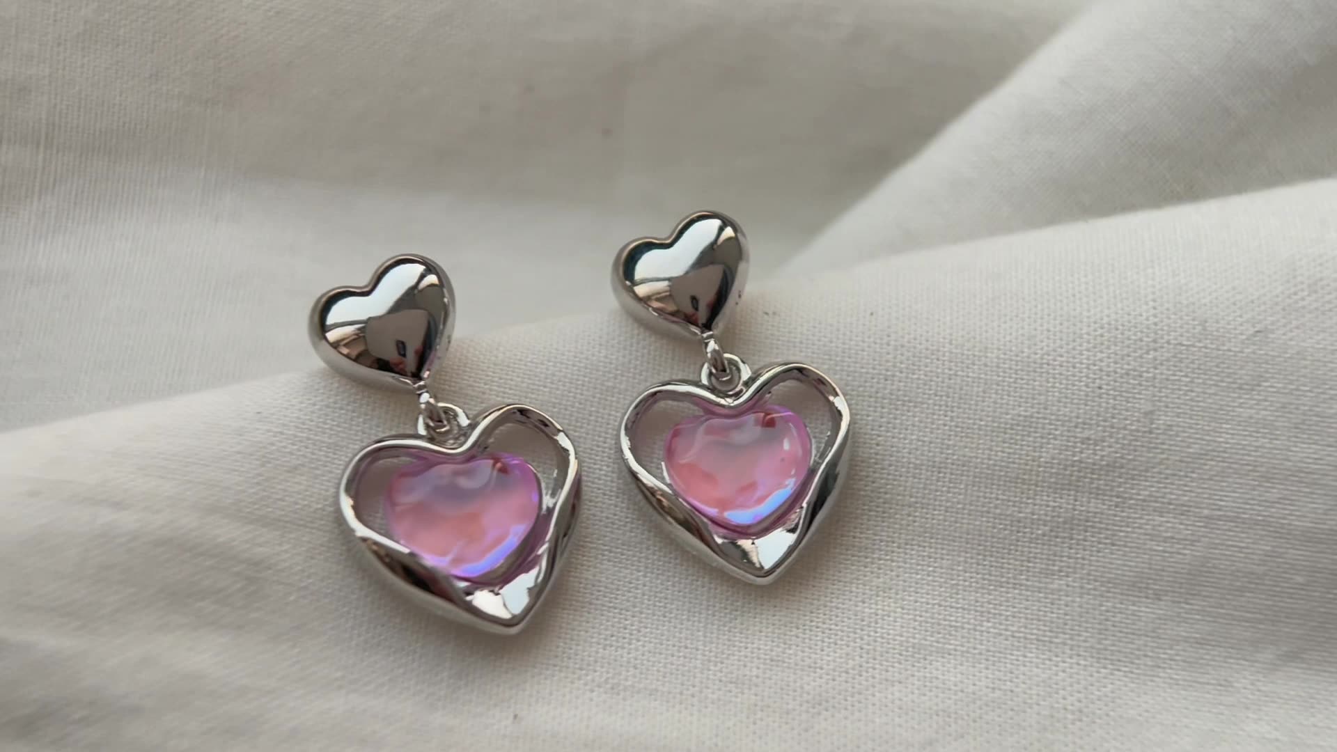 Iridescent Pink Heart Drop Earrings – French Sweet Chic with Edgy Twist accessories