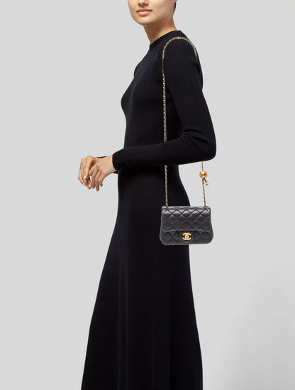 Black Quilted Gold‑Ball Square Fat Chain Bag