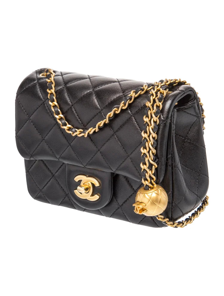 Black Quilted Gold‑Ball Square Fat Chain Bag