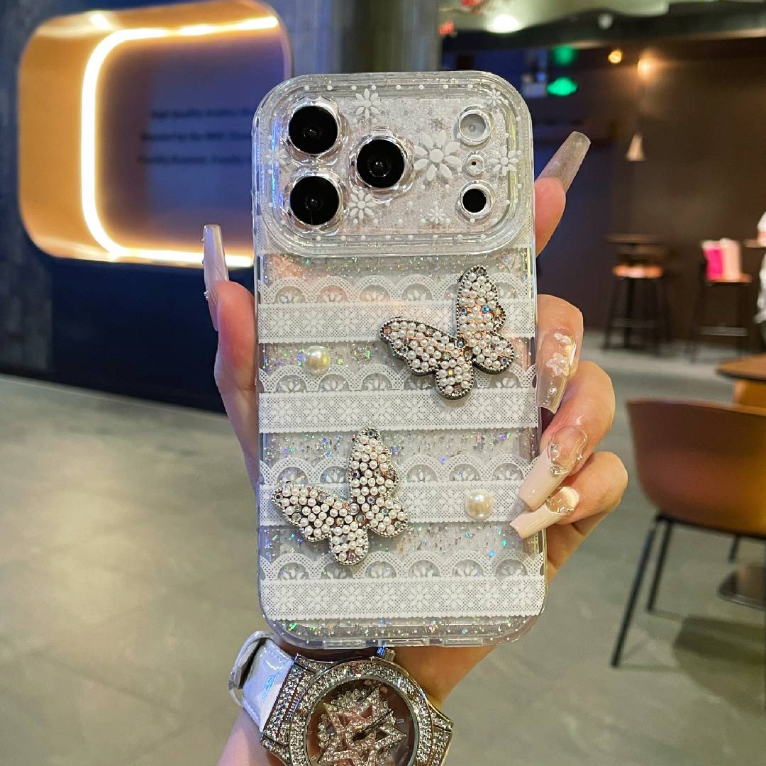 Sparkly Rhinestone Butterfly Lace Phone Case, Full Protection