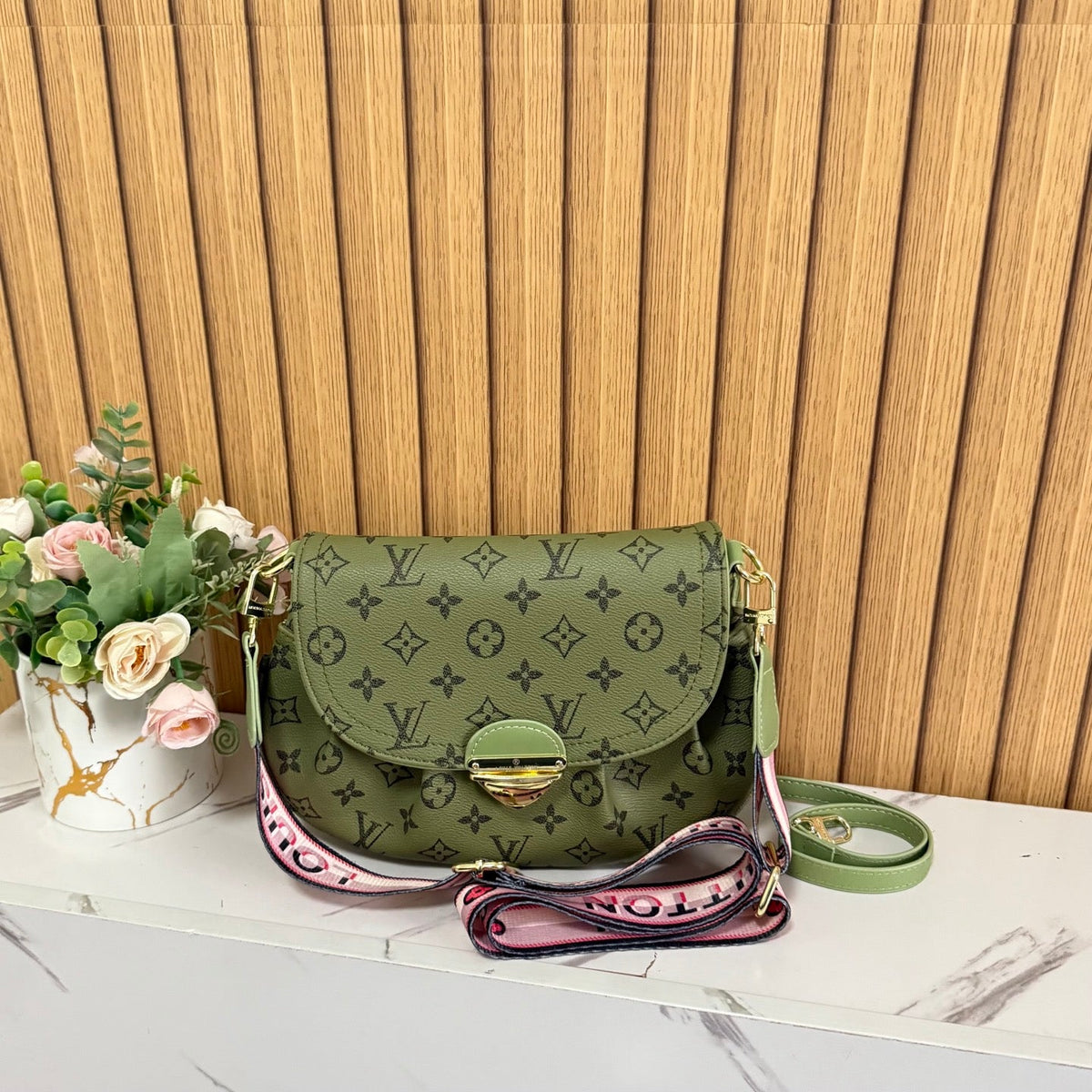 Vintage Print Gold-Lock Flap Saddle Bag