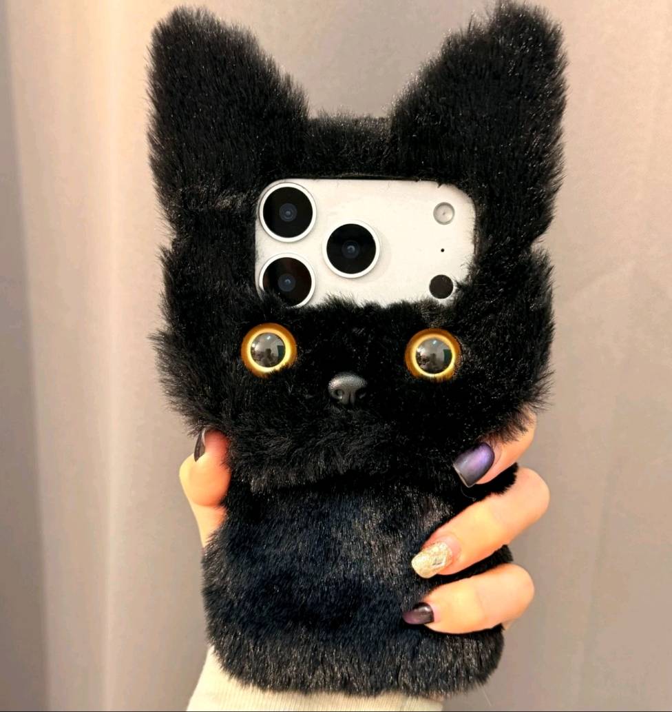 3D Fluffy Black Cat Plush Phone Case