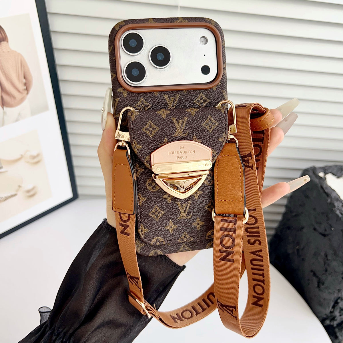 Luxe crossbody iPhone-hoesje met kaartvak en afneembare riem