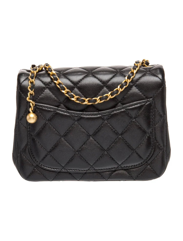 Black Quilted Gold‑Ball Square Fat Chain Bag