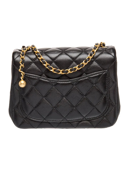 Black Quilted Gold‑Ball Square Fat Chain Bag