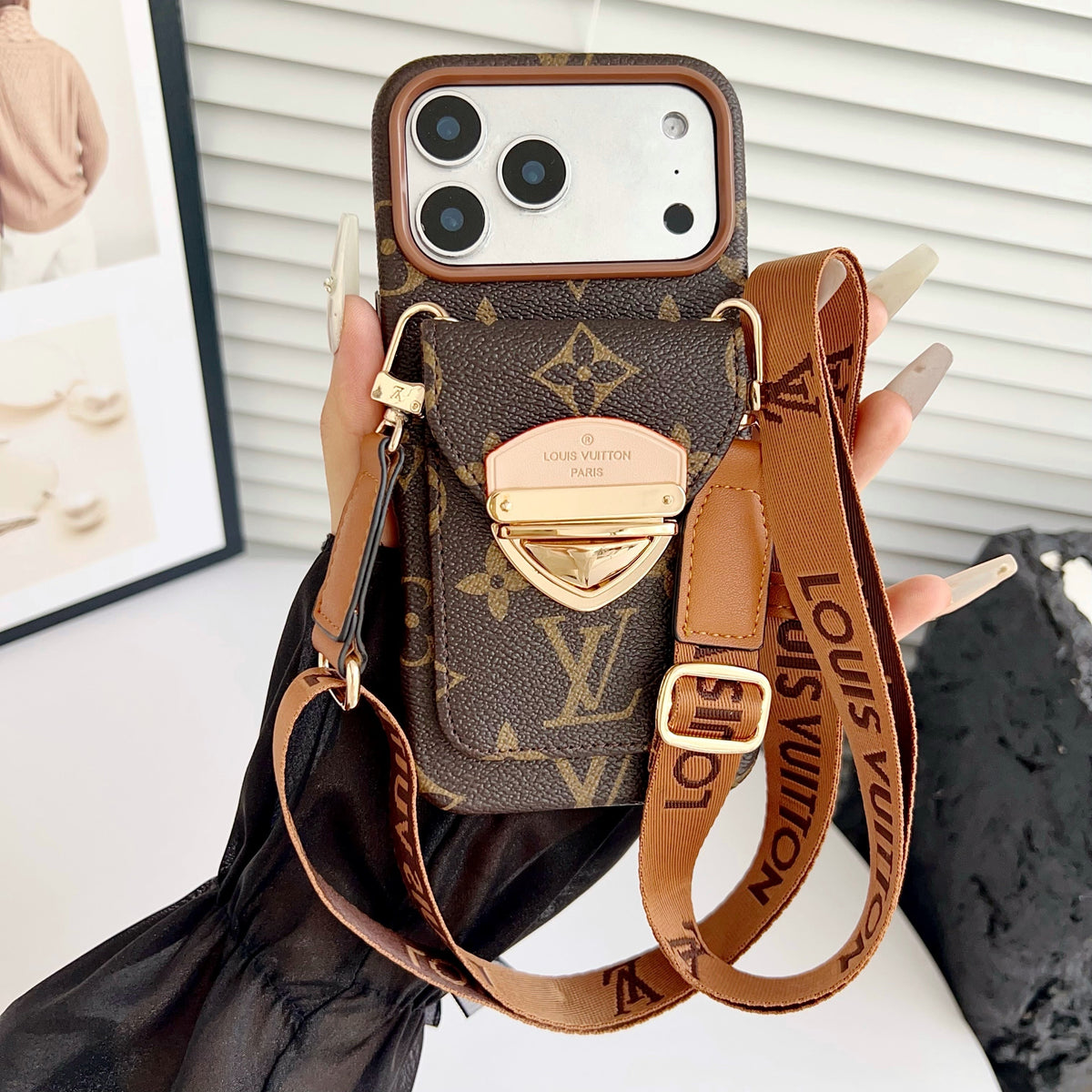 Luxe crossbody iPhone-hoesje met kaartvak en afneembare riem