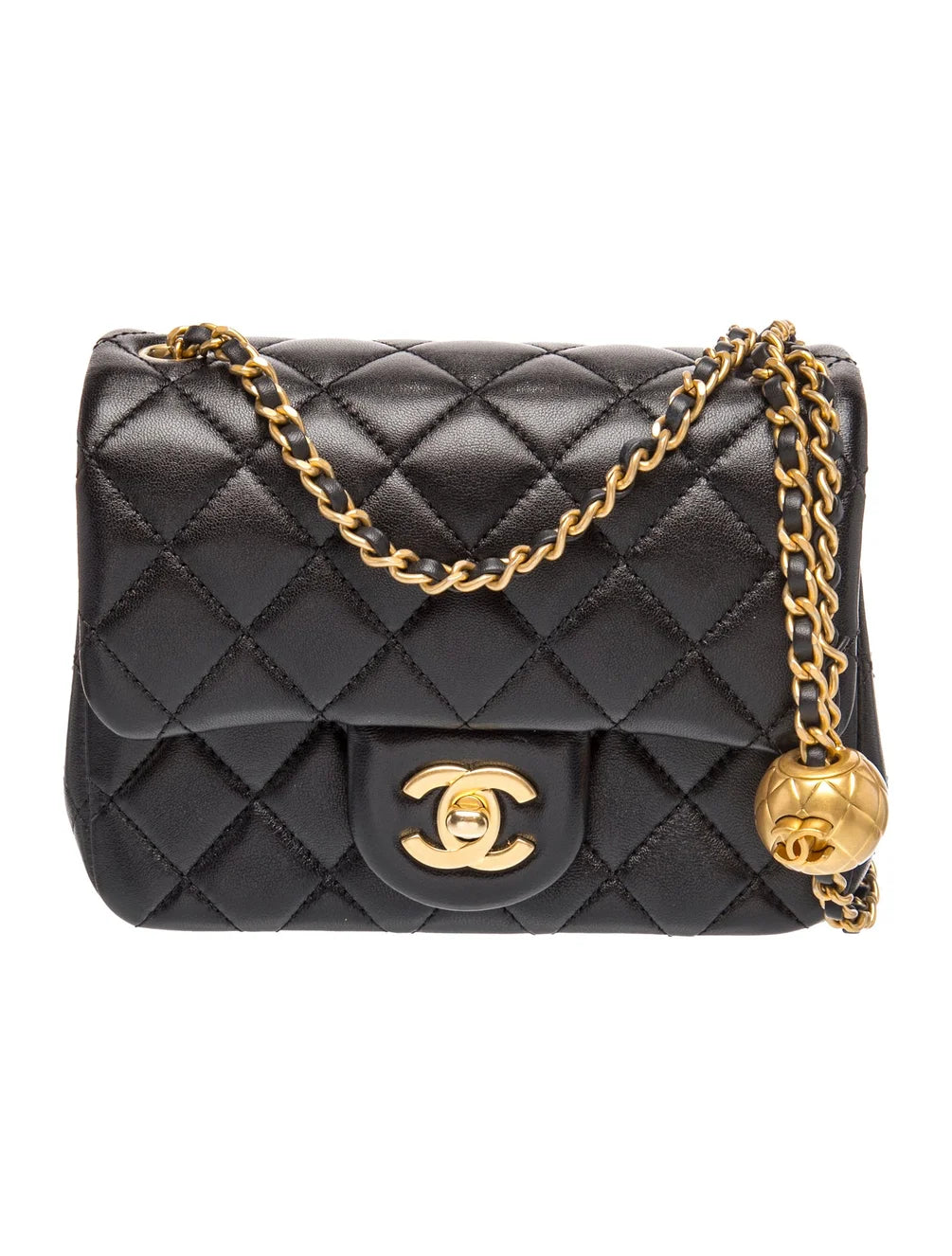 Black Quilted Gold‑Ball Square Fat Chain Bag