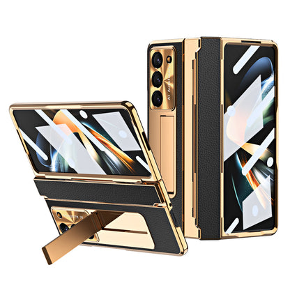 Luxury Leather Magnetic Bracket Shell Electroplated Phone Case For Galaxy Z Fold 8/7/6/5/4/3 With Back Screen Glass