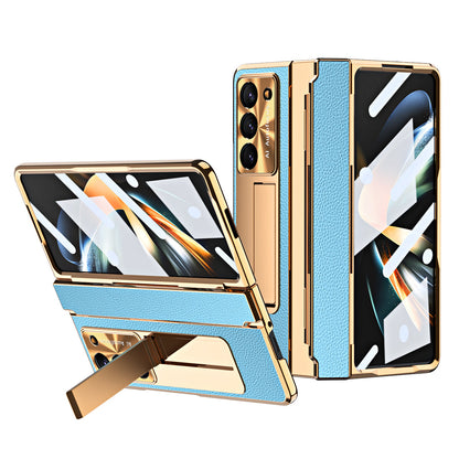 Luxury Leather Magnetic Bracket Shell Electroplated Phone Case For Galaxy Z Fold 8/7/6/5/4/3 With Back Screen Glass