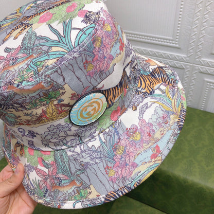 Klassisk blomstret Tiger Bomuld Bucket Hat | Luksus designer botanisk bøttehat