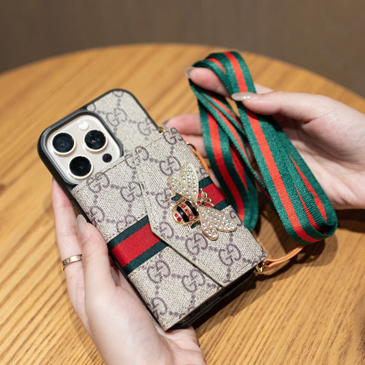 高級高級斜背 iPhone 保護殼，附卡夾 & 肩帶