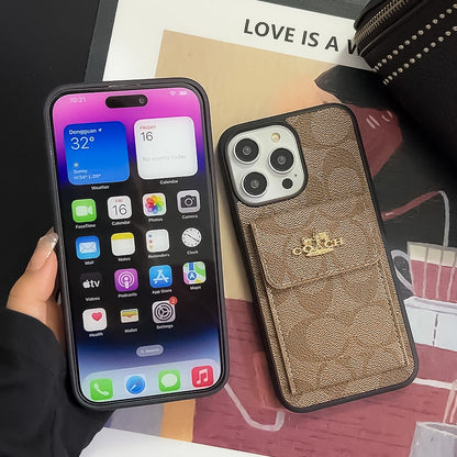 Étui classique pour iPhone avec porte-cartes, portefeuille marron clair -SZK240425