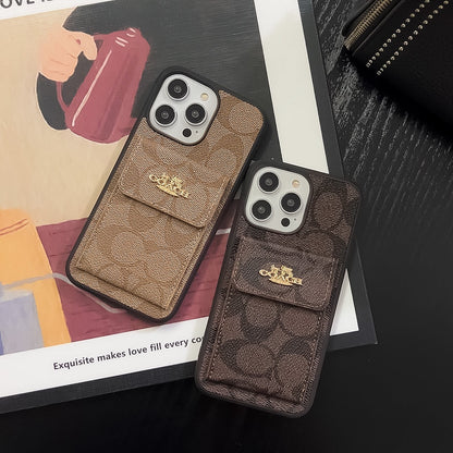 Étui classique pour iPhone avec porte-cartes, portefeuille marron clair -SZK240425