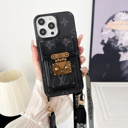 Capa luxuosa para iPhone com corrente crossbody preta e branca