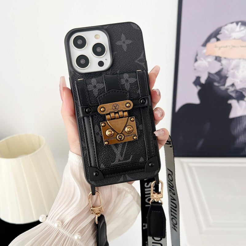 Capa luxuosa para iPhone com corrente crossbody preta e branca