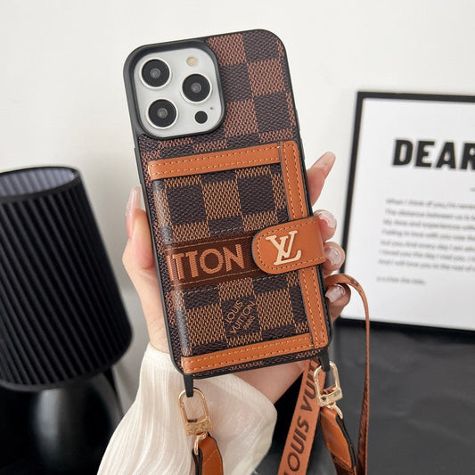 Bolsa de cartão luxuosa com corrente clássica marrom para iPhone