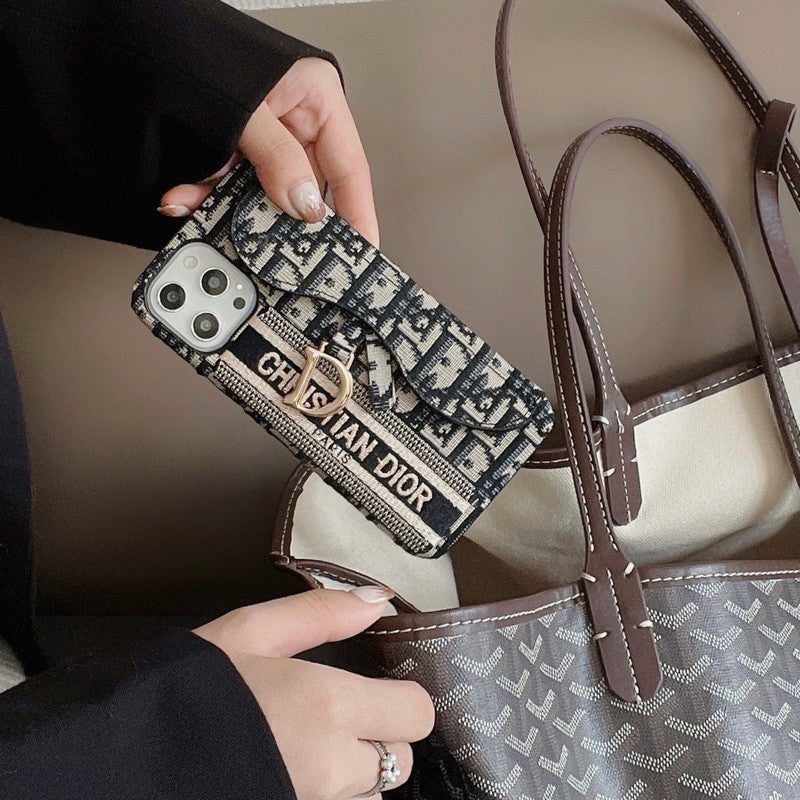 Capa para iPhone com bolsa de cartão em tecido preto e cinza da moda