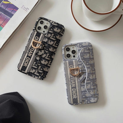 Capa para iPhone com bolsa de cartão em tecido preto e cinza da moda