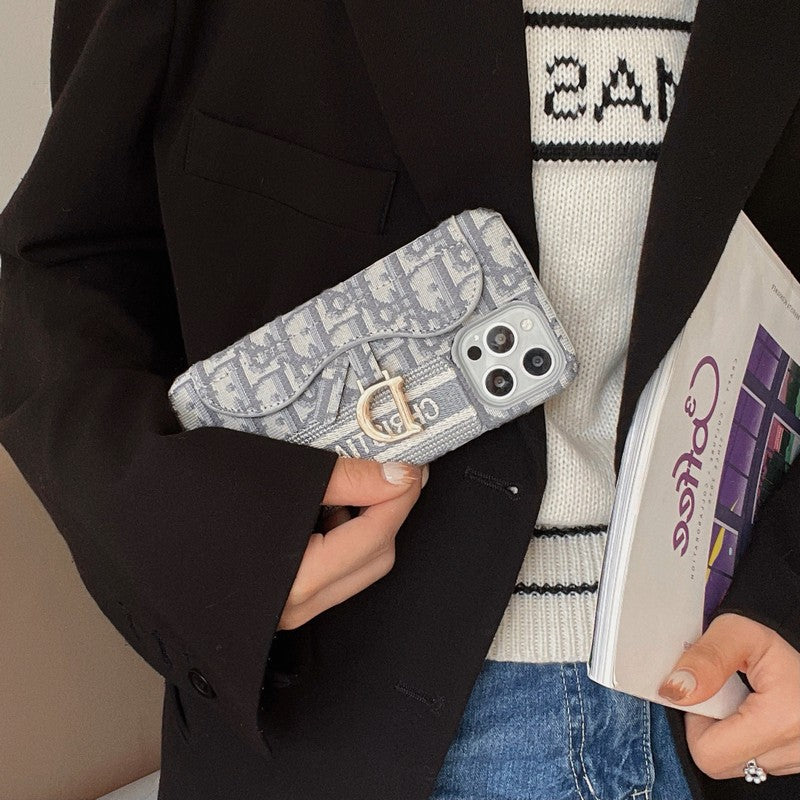 Capa para iPhone com bolsa de cartão em tecido preto e cinza da moda