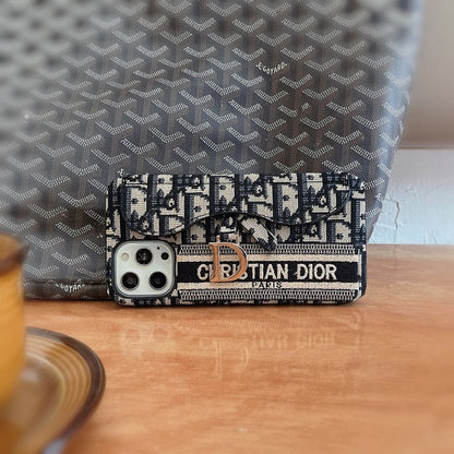 Capa para iPhone com bolsa de cartão em tecido preto e cinza da moda