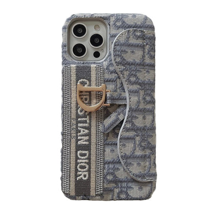 Capa para iPhone com bolsa de cartão em tecido preto e cinza da moda