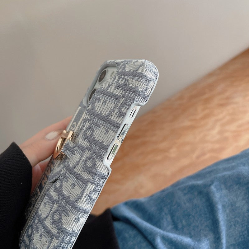 Capa para iPhone com bolsa de cartão em tecido preto e cinza da moda
