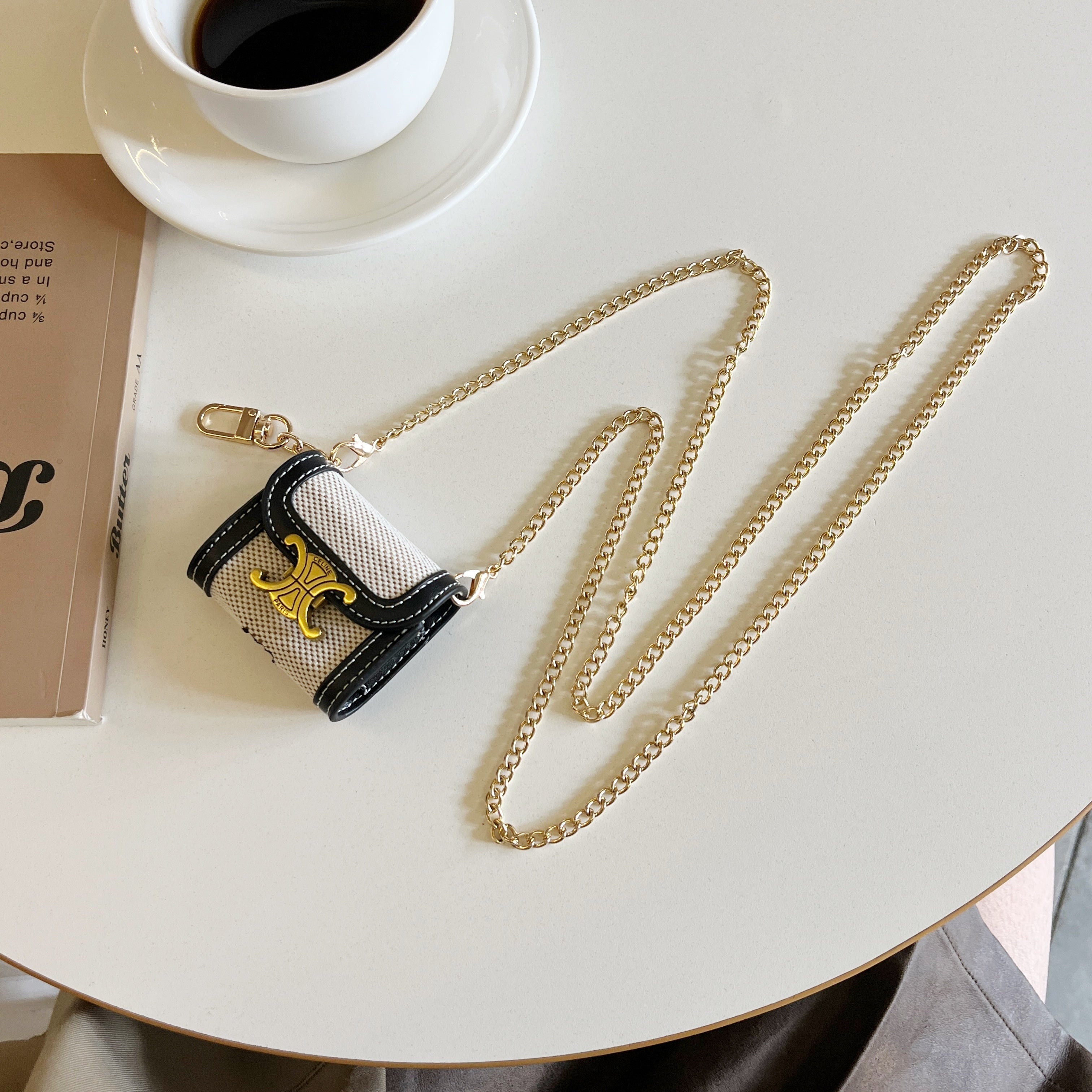 Luxury Leather Keychain AirPods Case with Gold Hardware